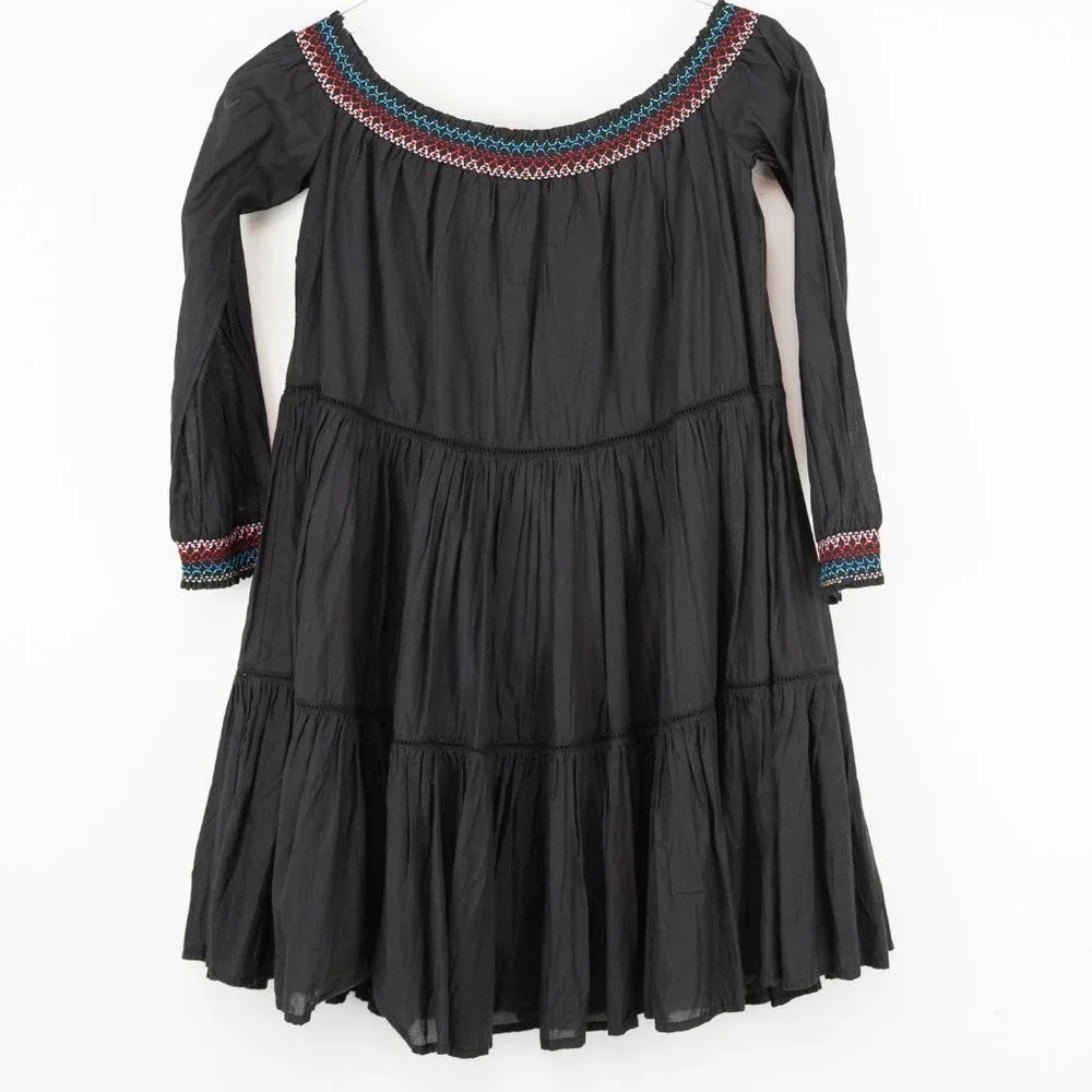 Free People Sunbeams Dress Floral Embroidery Mini Off Shoulder Black Size XS New